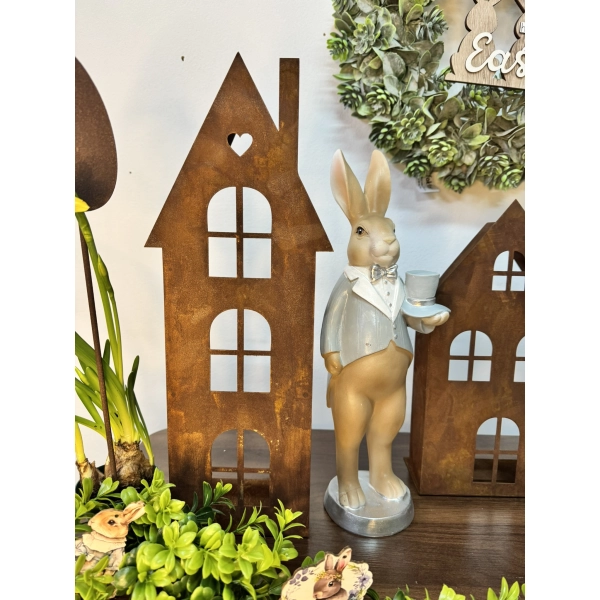 LAMPION OGRODOWY metalowy dom LED LATARNIA DOMEK LATARENKA rdzawy 40cm 3D